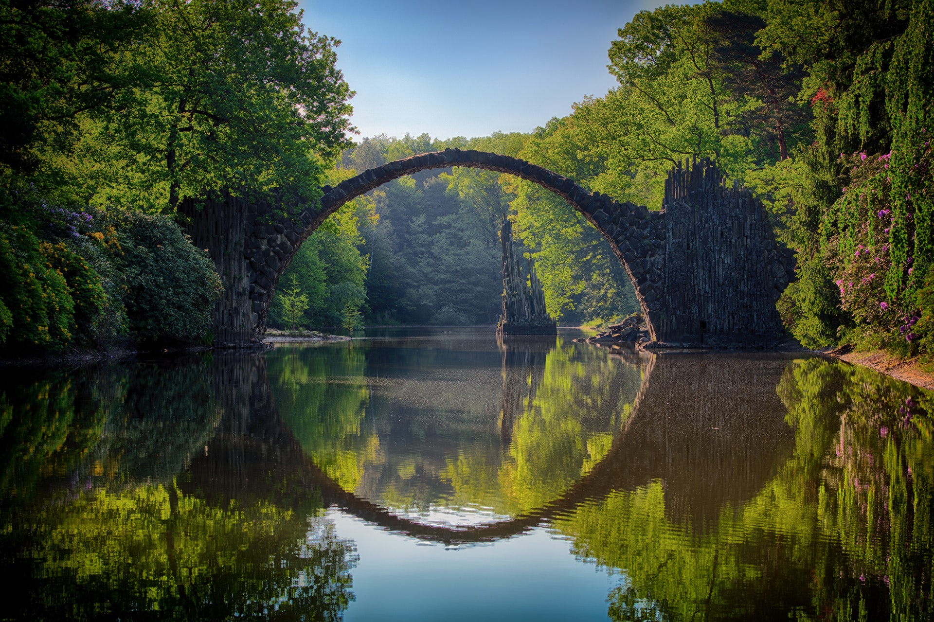 Photo of a stone bridge over a smooth river surrounded by trees